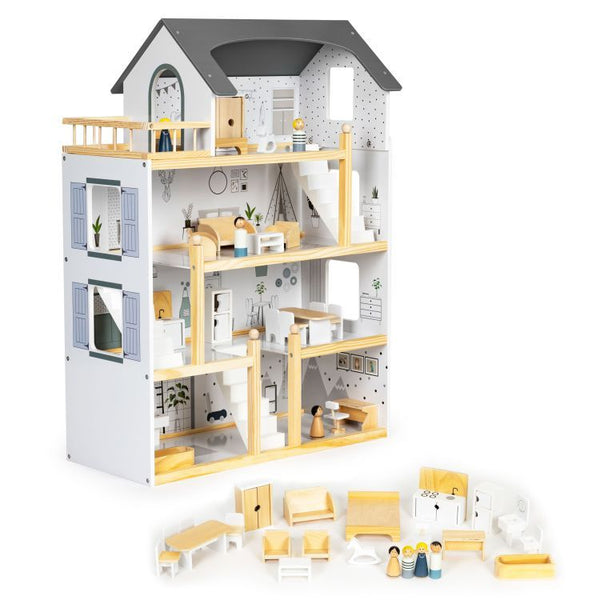 Leļļu namiņš ar 18 koka mēbeļu komplektu ECO HOME