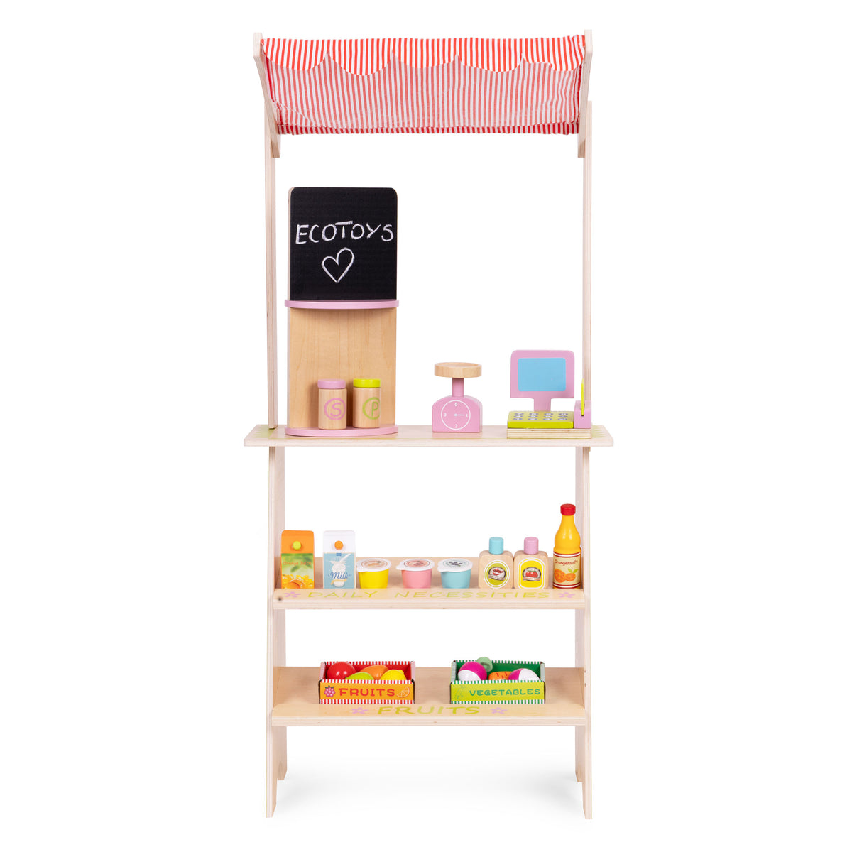 Liela koka tirgus lete bērniem ar termināli, svariem, augļiem un dārzeņiem, 20 gab. | EcoToys
