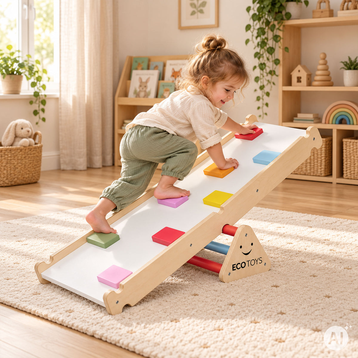 Koka Montessori kāpelēšanas komplekts ar kāpnēm un līdzsvara baļķi “LUNA” | EcoToys
