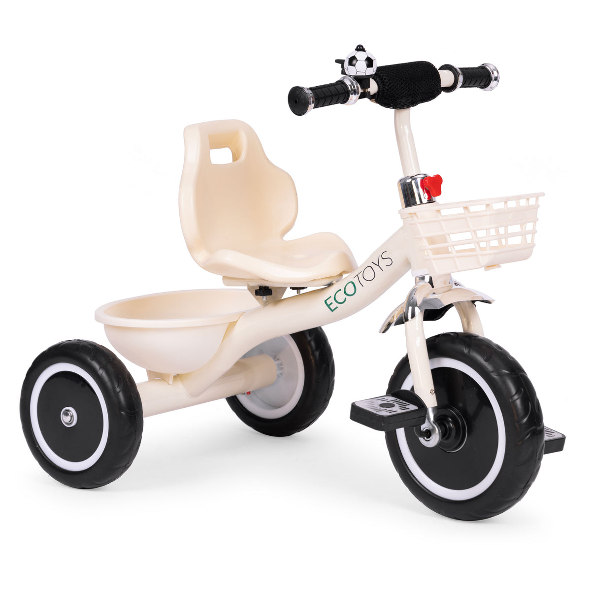 Trīsritenis ar neslīdošiem rokturiem, zvaniņu un groziņu, bēšs | EcoToys