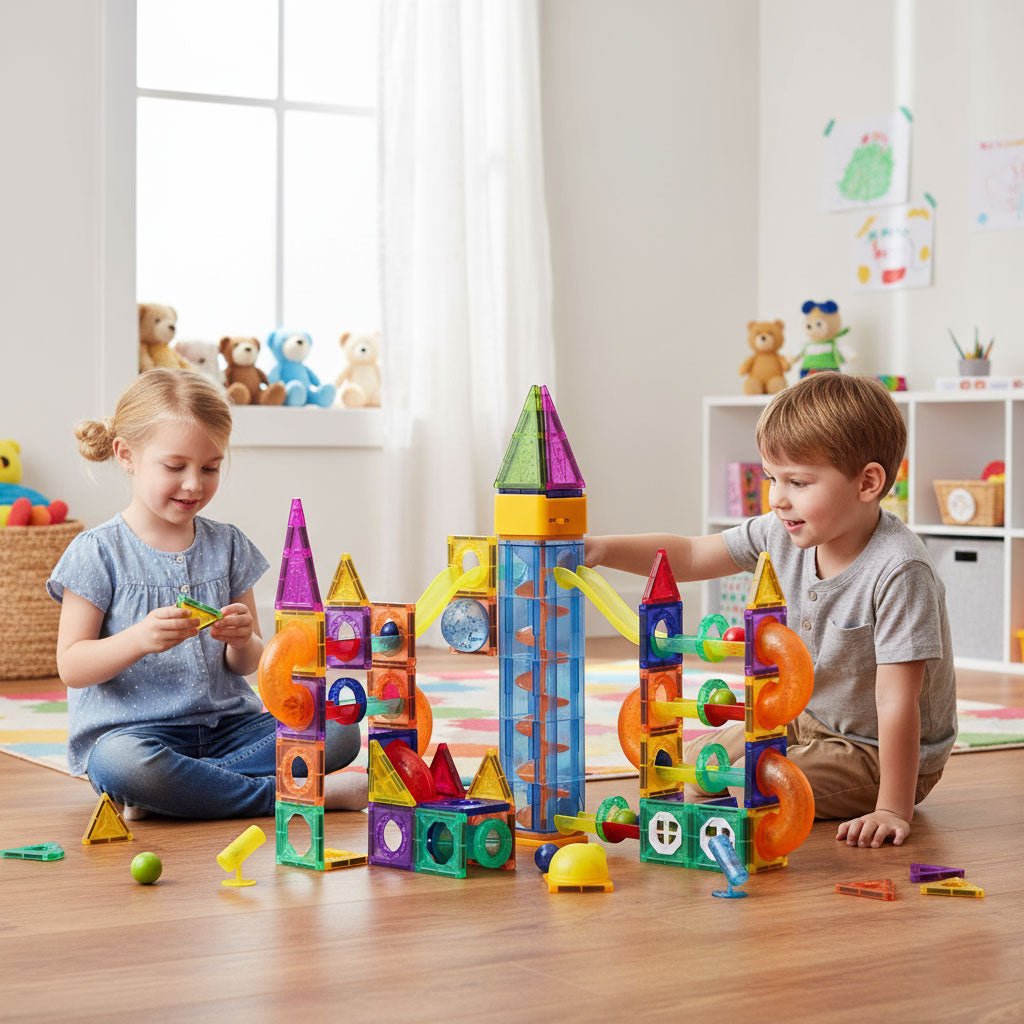 Magnētiskais konstruktors ar gaismām – bumbiņu trase, 134 gab. | EcoToys