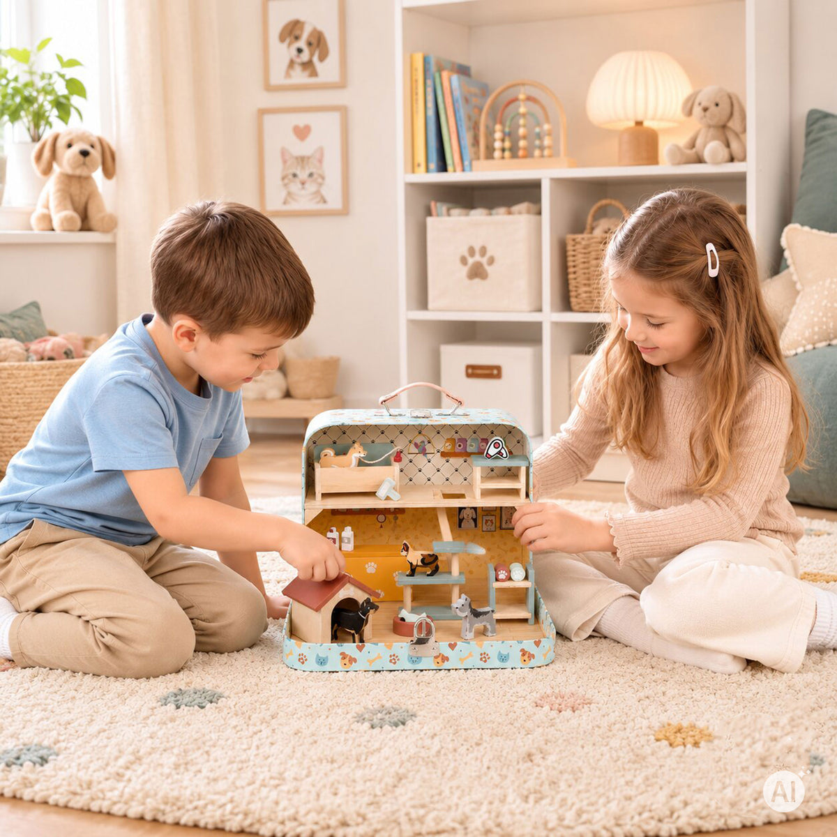 Mājdzīvnieku veikals koferī – divstāvu, koka mēbeles, 23 piederumi | EcoToys