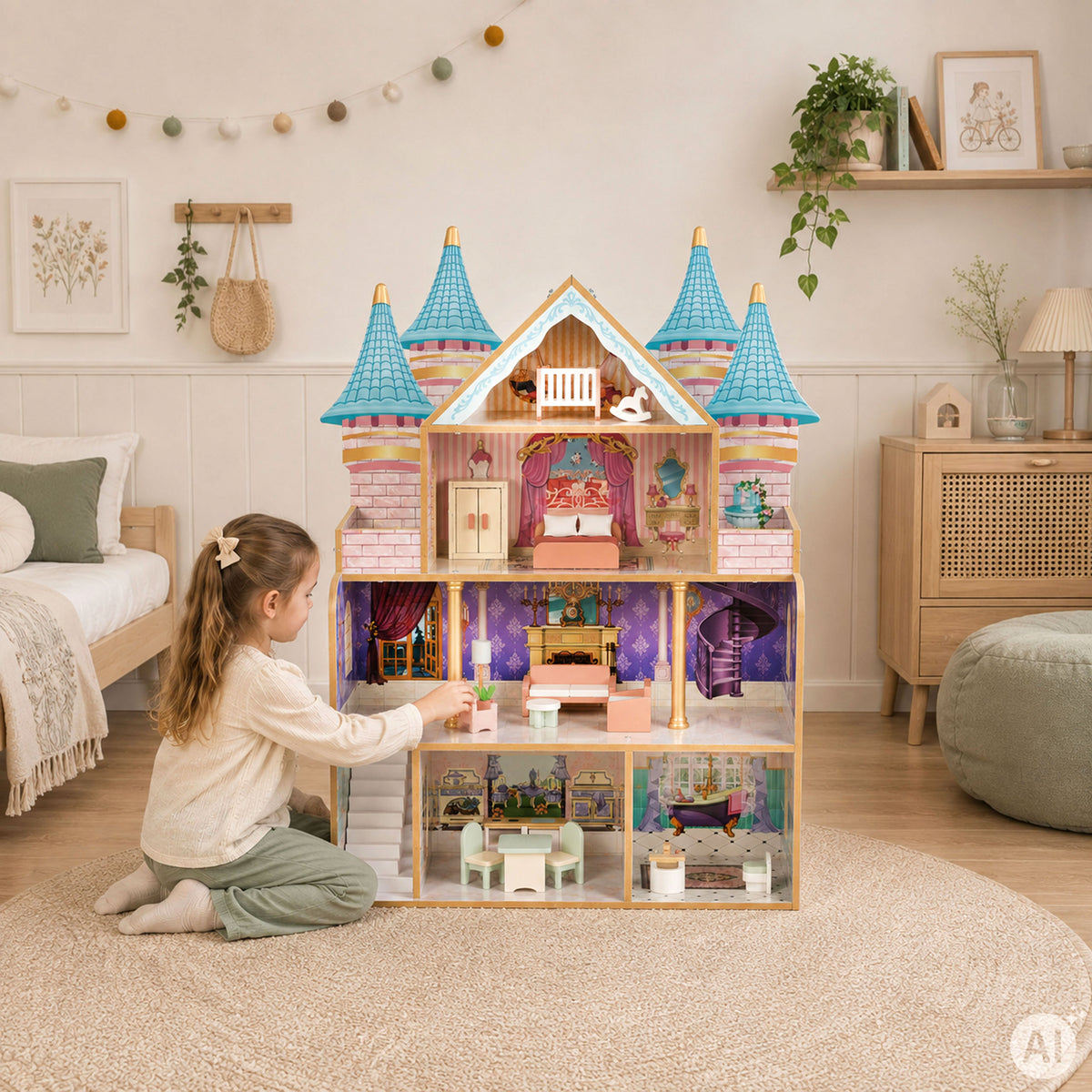 Koka leļļu māja “Bella Castle”, 4 stāvi, 5 istabas, 15 mēbeles | EcoToys