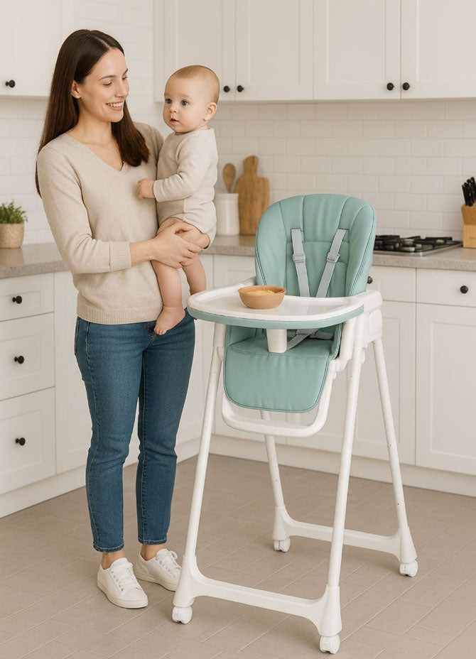 Barošanas krēsliņš ar regulējamu augstumu, eko ādu, drošības jostu un dubultu paplāti, zaļš | EcoToys
