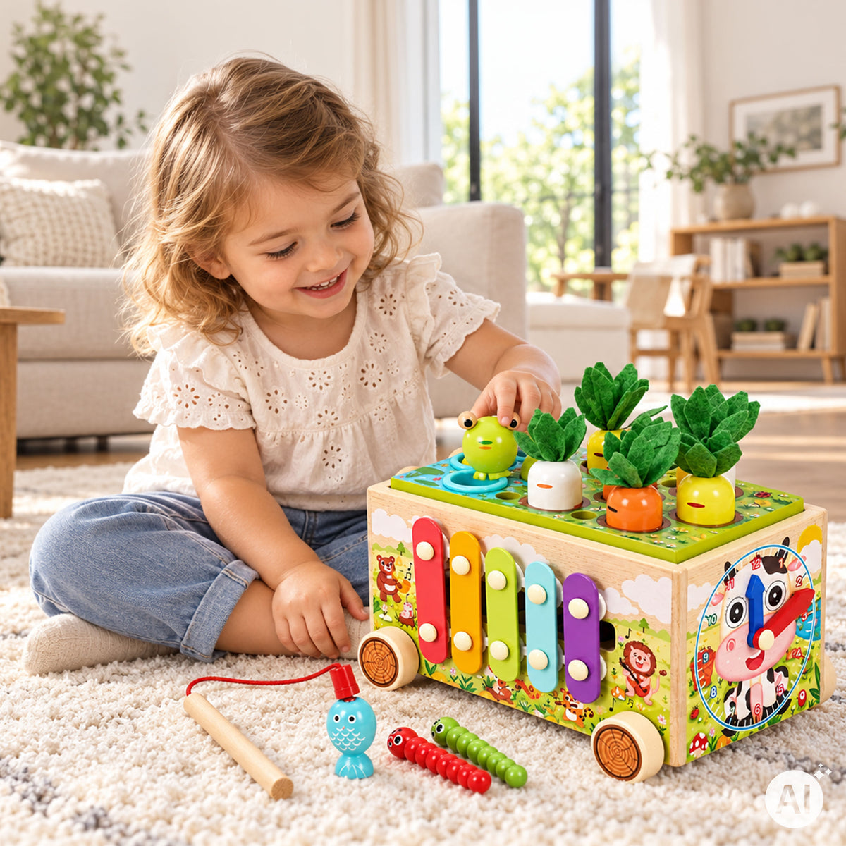 Koka aktivitāšu kubs 8in1 “Varde” – staigulis, šķirotājs, ksilofons, makšķerēšana | EcoToys