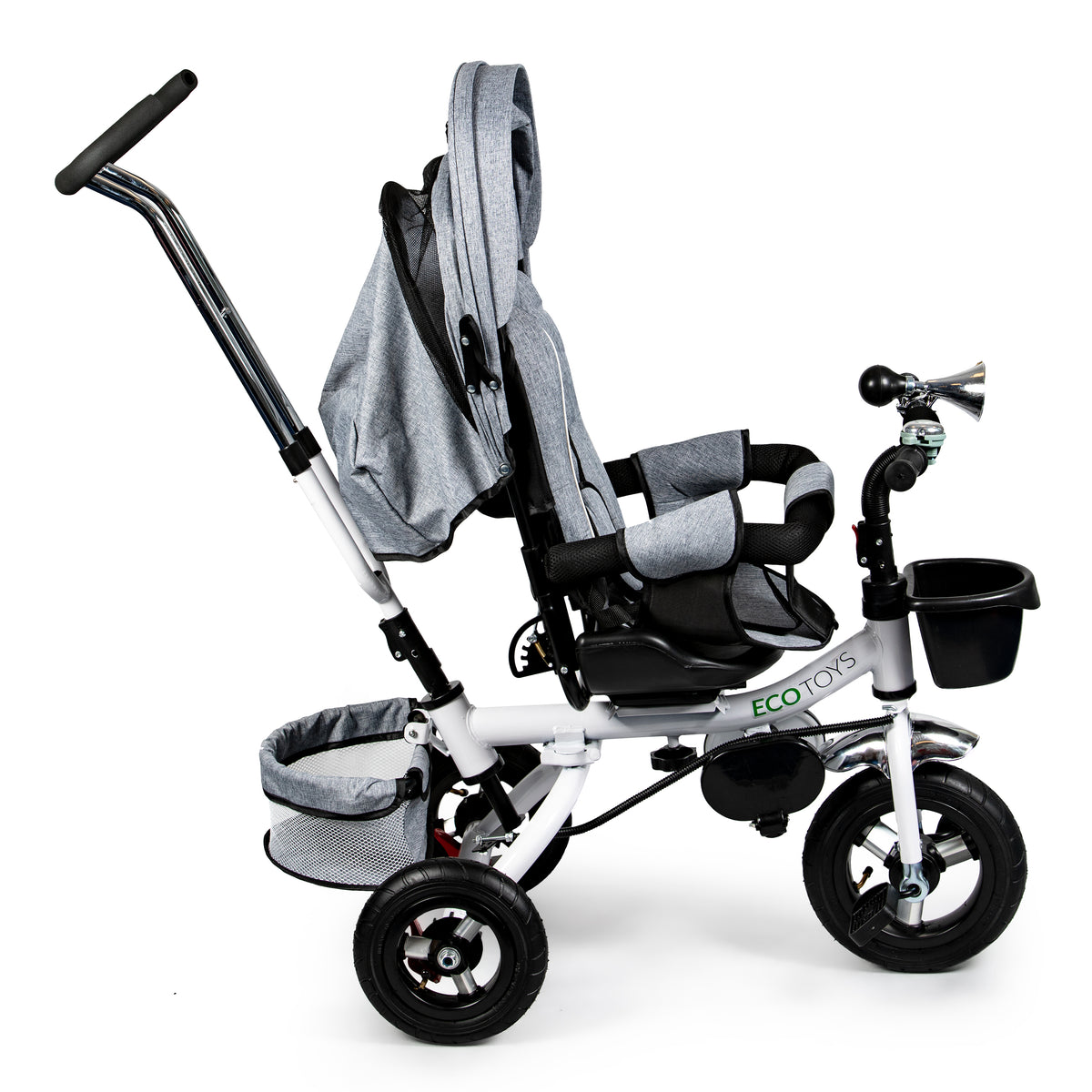 Trīsritenis ar 360° grozāmu sēdekli un jumtiņu Deluxe, pelēks | EcoToys