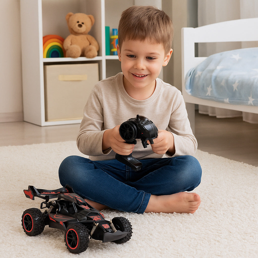 Radiovadāms bezceļu auto 1:18, aizmugurējā piedziņa, akumulators 3,7 V 500 mAh | EcoToys