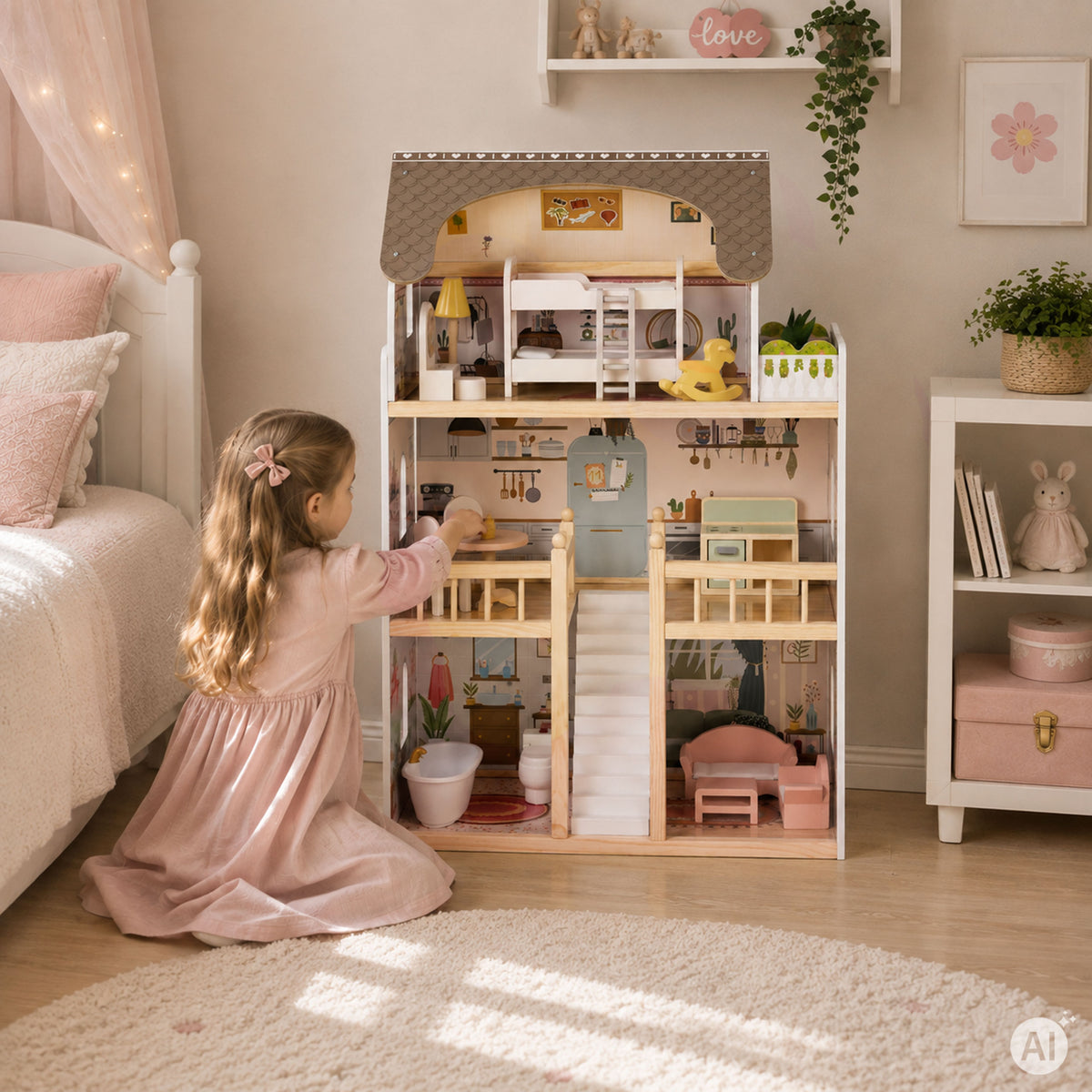 Koka leļļu māja “Laura”, 3 stāvi, 5 istabas, 15 mēbeles | EcoToys
