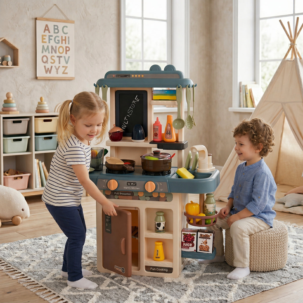 Bērnu virtuves komplekts ar skaņām, LED, ūdeni un tvaika ģeneratoru, 55 gab. | EcoToys