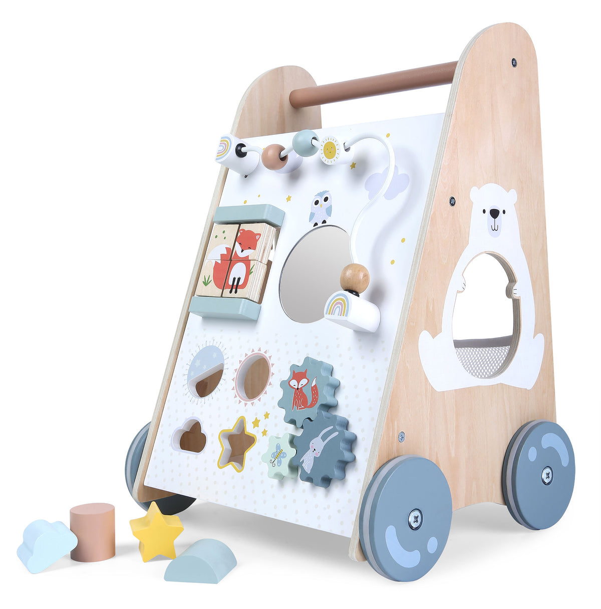 Koka izglītojošie stumjamie ratiņi ar kustīgiem elementiem | EcoToys