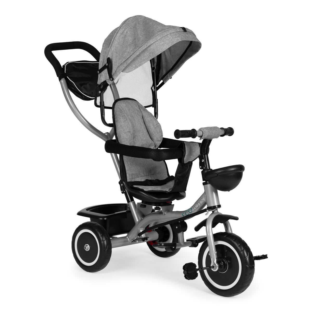 Trīsritenis – ratiņi 2in1 ar grozāmu sēdekli un saliekamu jumtiņu, pelēks | EcoToys