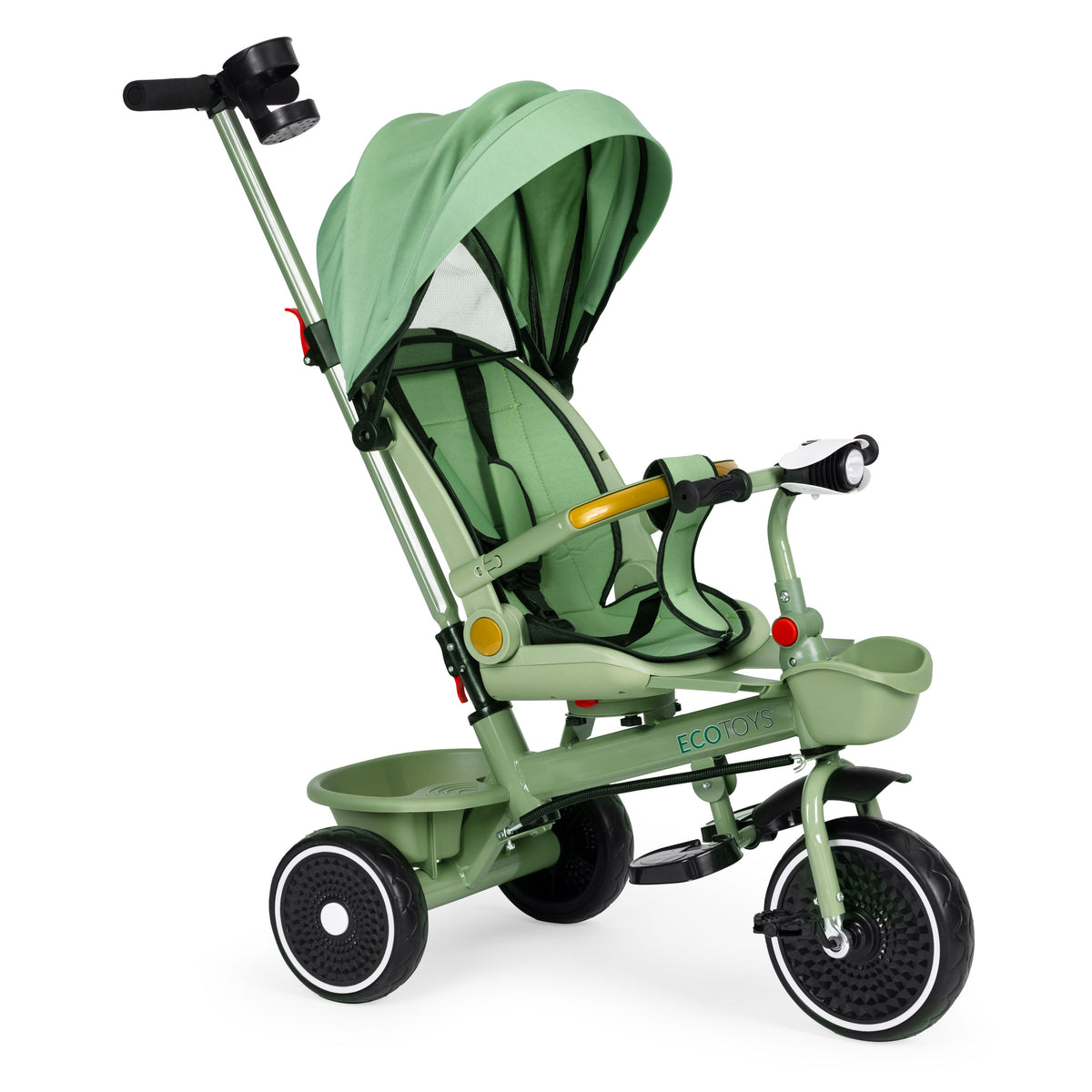 Trīsritenis – ratiņi 2in1 ar grozāmu sēdekli un saliekamu jumtiņu, zaļš | EcoToys