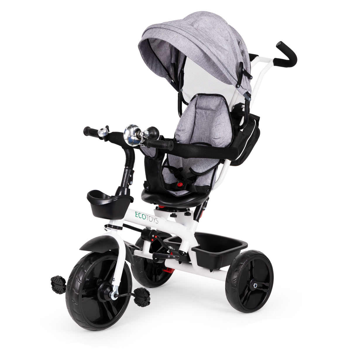 Trīsritenis ar 360° grozāmu sēdekli un jumtiņu, pelēks | EcoToys