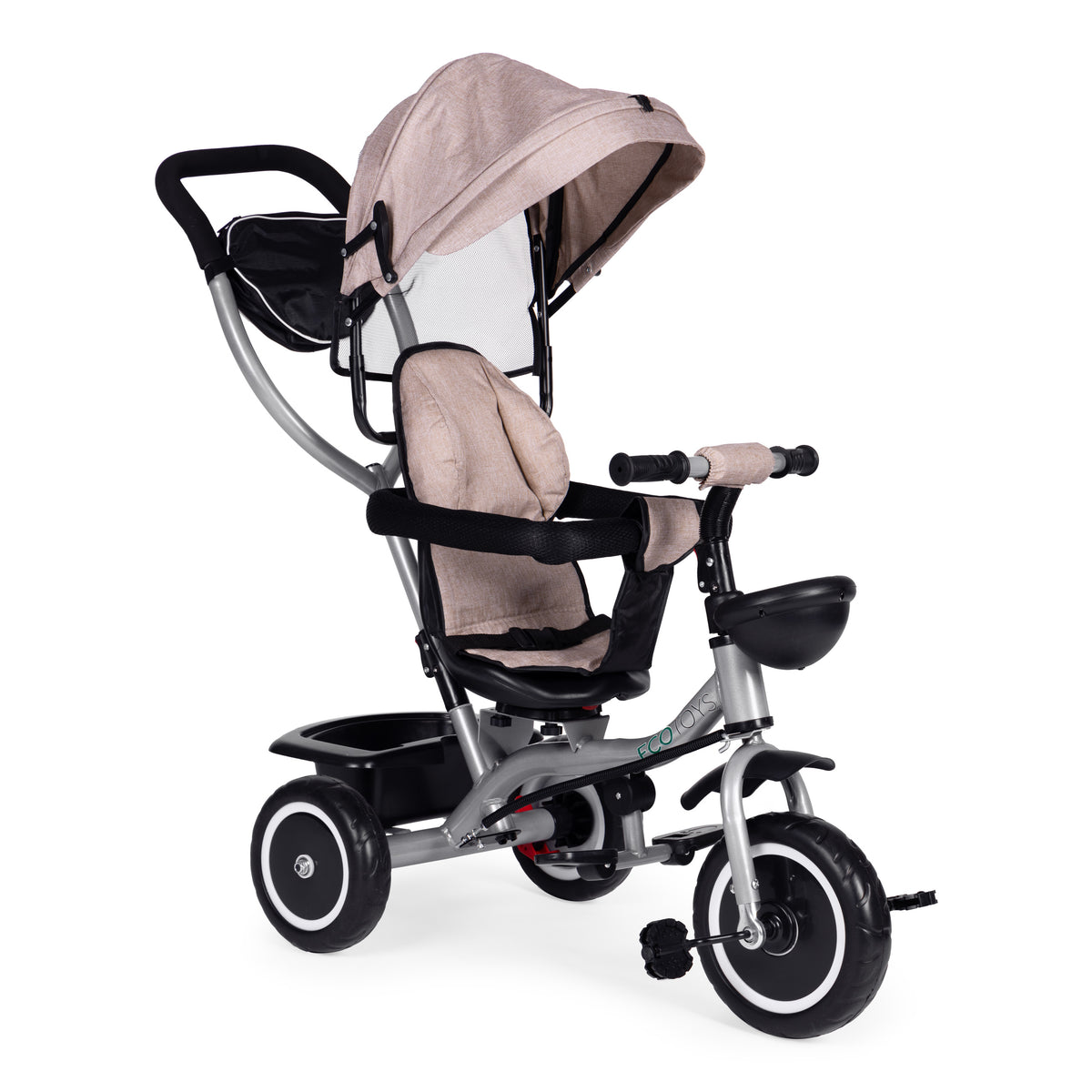 Trīsritenis – ratiņi 2in1 ar grozāmu sēdekli un saliekamu jumtiņu, bēšs | EcoToys