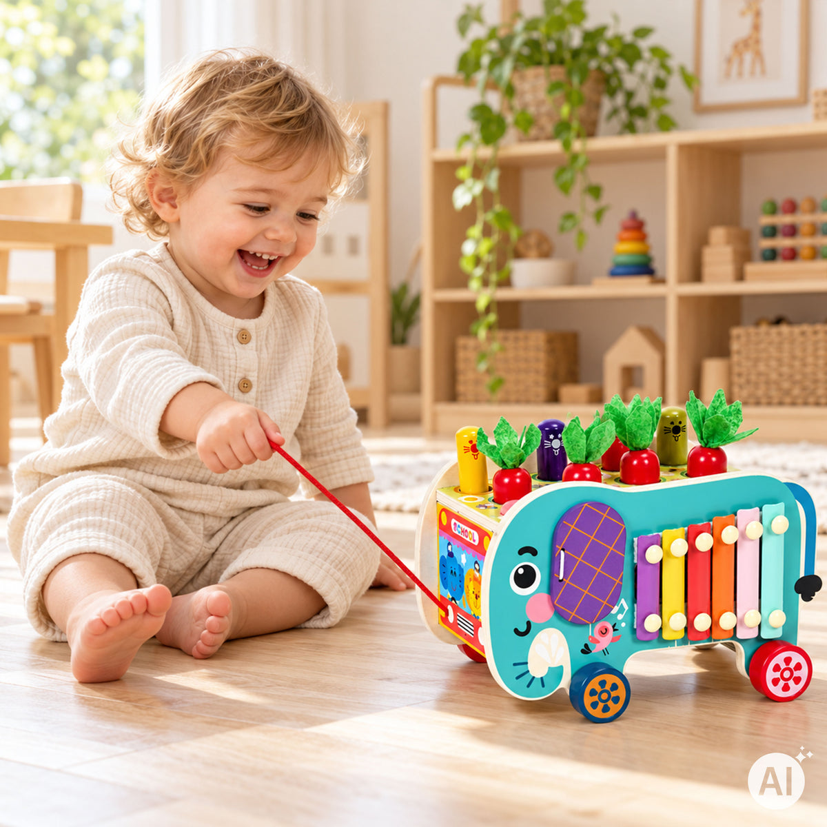 Koka aktivitāšu kubs 8in1 “Zilonis” – staigulis, šķirotājs, ksilofons, makšķerēšana | EcoToys