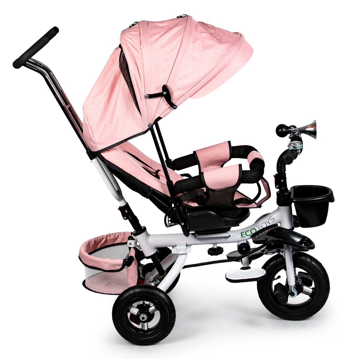 Trīsritenis ar 360° grozāmu sēdekli un jumtiņu Deluxe, rozā | EcoToys