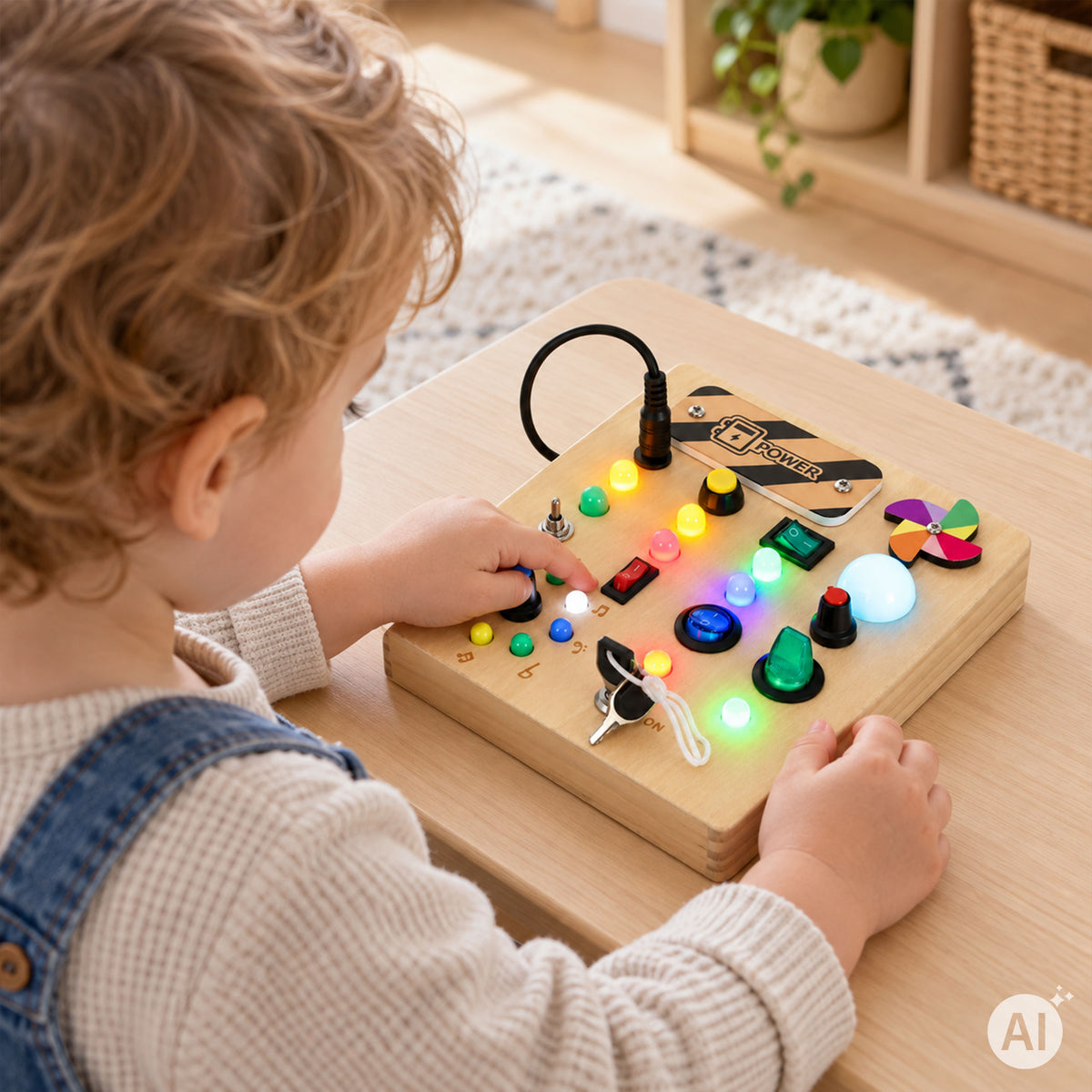 Koka interaktīvais sensorais dēlis ar slēdžiem un LED gaismām | EcoToys