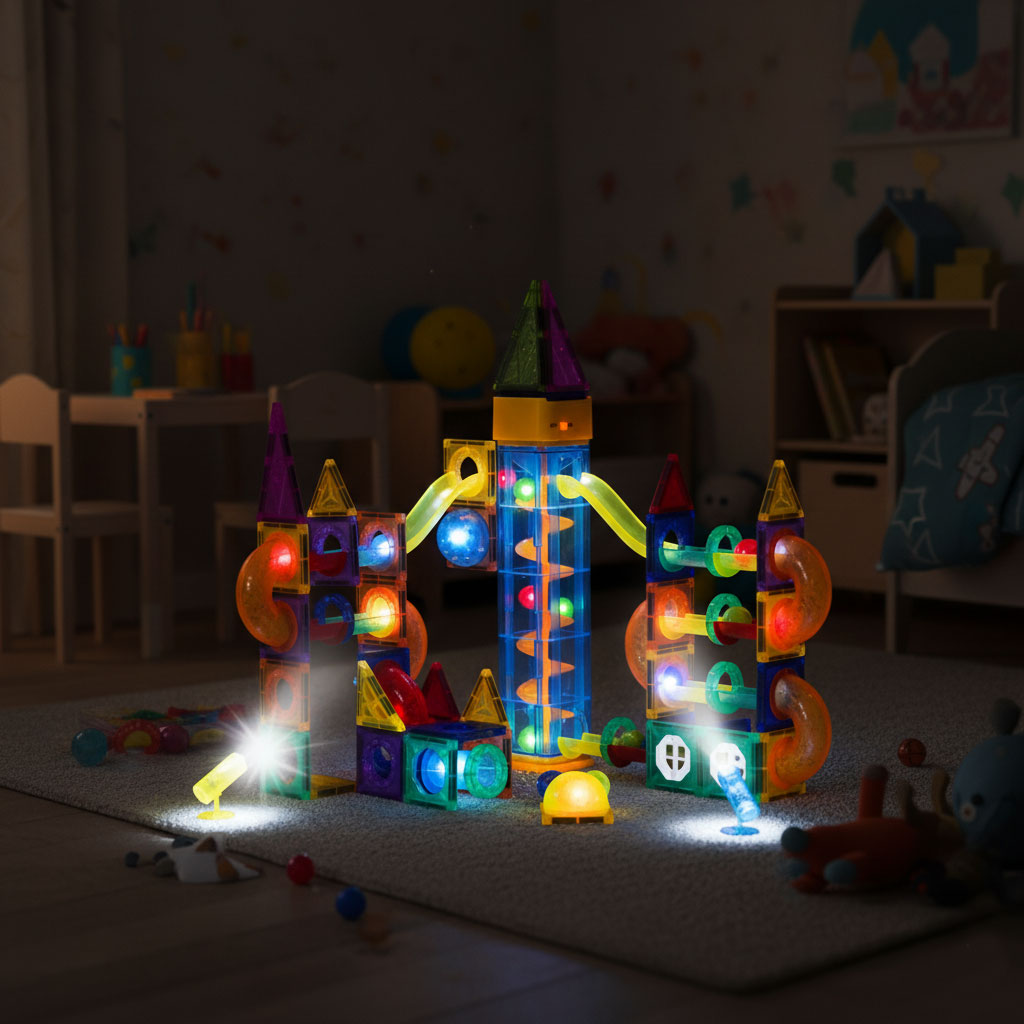 Magnētiskais konstruktors ar gaismām – bumbiņu trase, 134 gab. | EcoToys