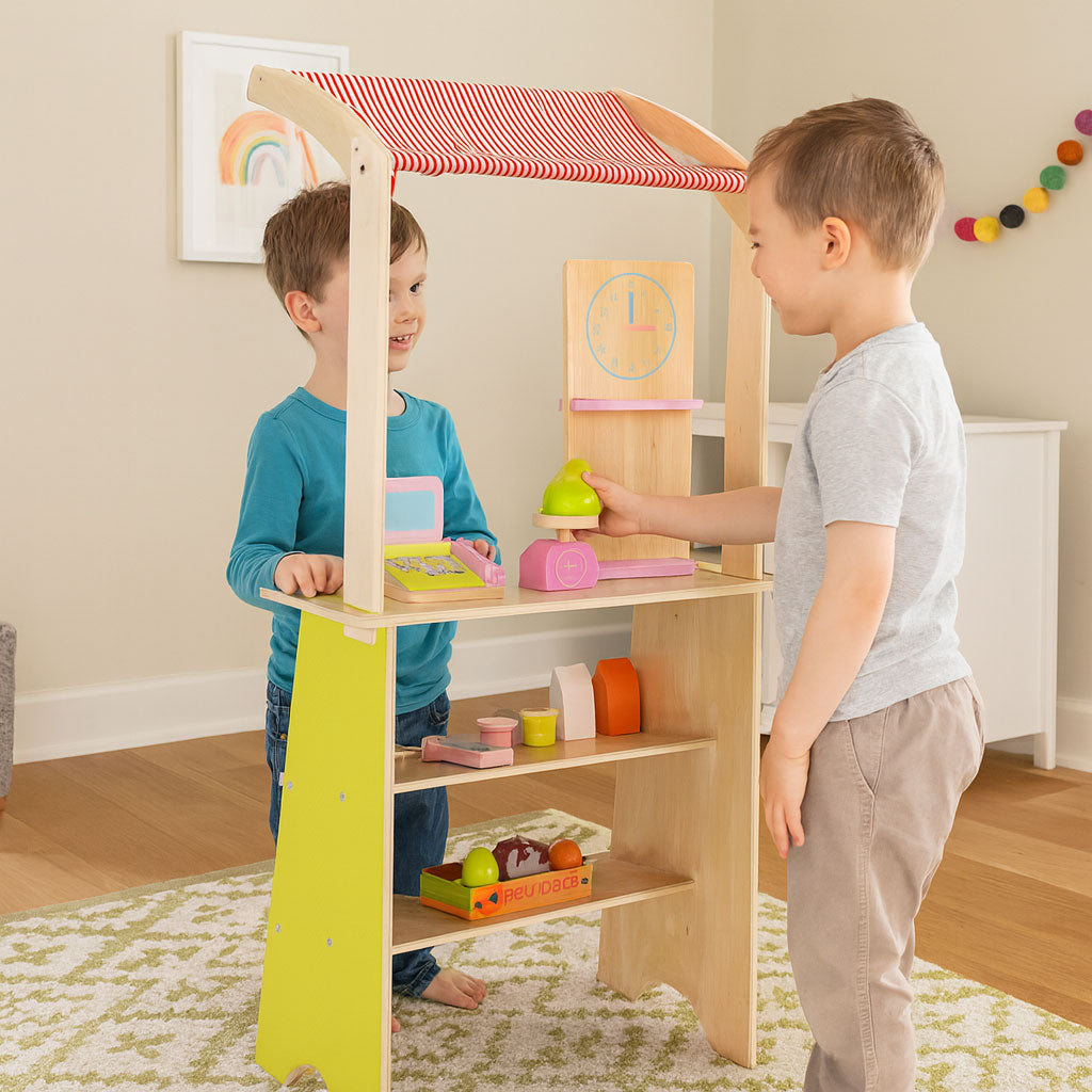 Liela koka tirgus lete bērniem ar termināli, svariem, augļiem un dārzeņiem, 20 gab. | EcoToys