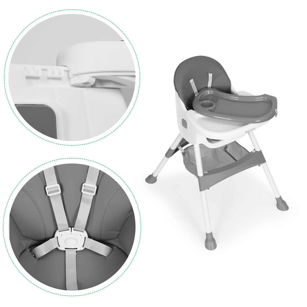 Barošanas krēsliņš ar paplāti, grozu un 5 punktu jostu, pelēks | EcoToys