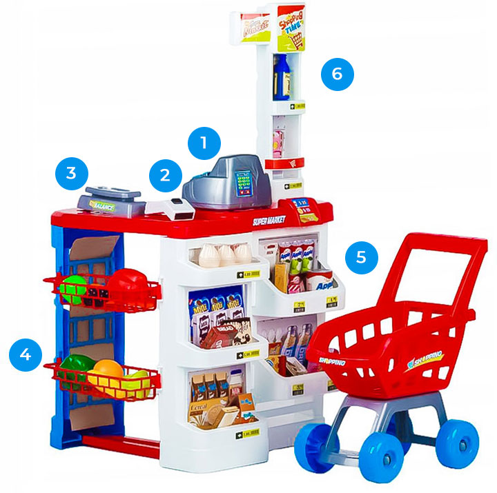 Liels bērnu veikals – lielveikala lete ar kasi, svariem un skeneri | EcoToys
