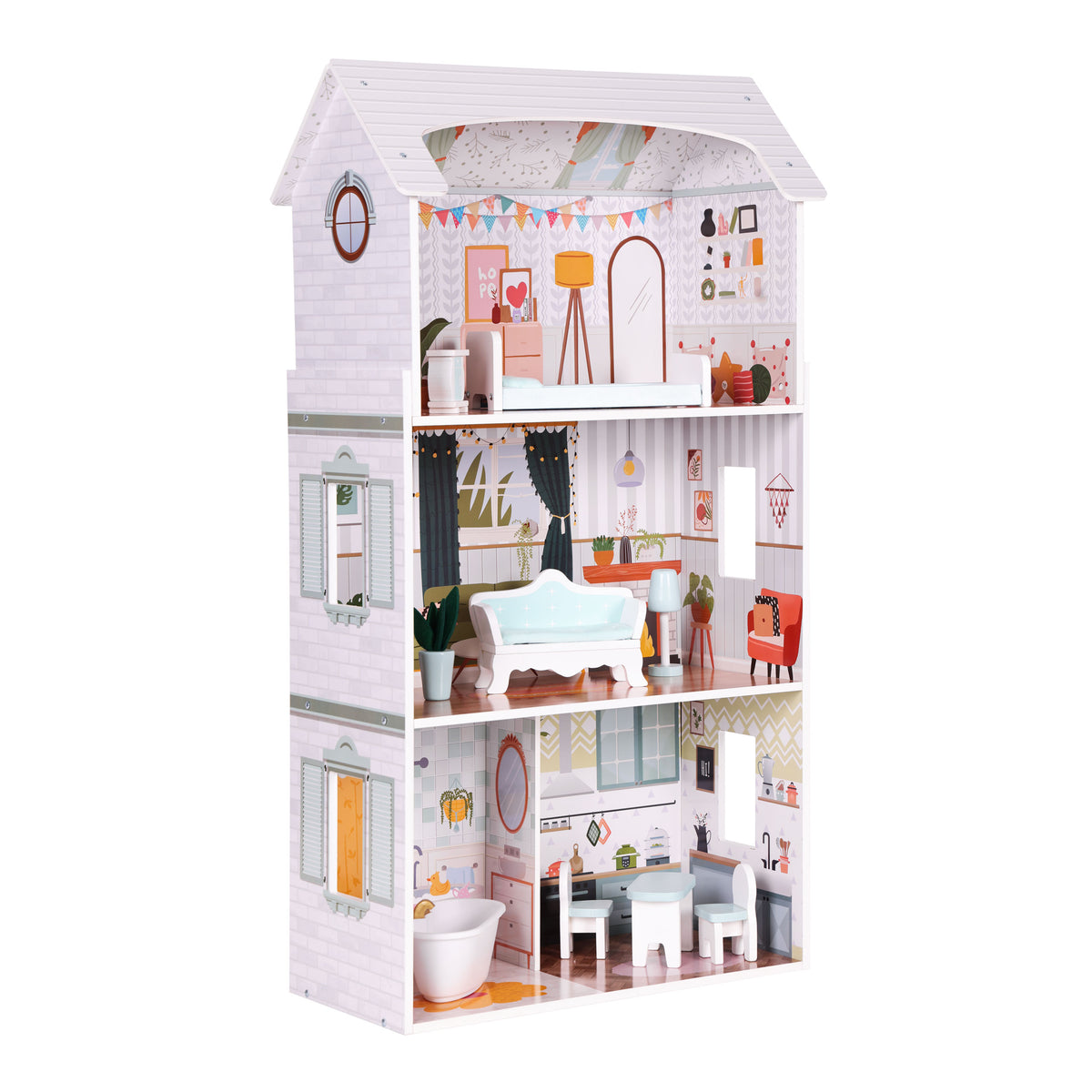 Leļļu māja “Alice” – 3 stāvi, 4 istabas, 9 mēbeles | EcoToys