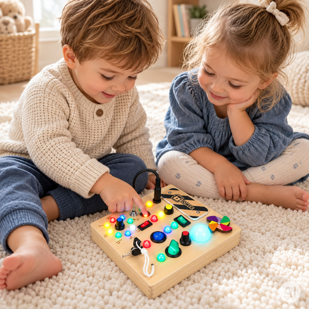 Koka interaktīvais sensorais dēlis ar slēdžiem un LED gaismām | EcoToys