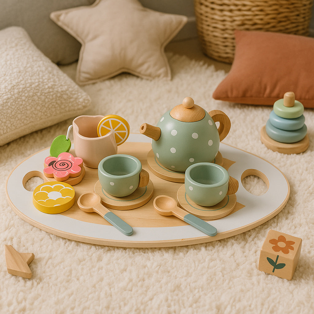 Koka tējas servīze ar tējkannu un tasītēm, 14 gab. | EcoToys