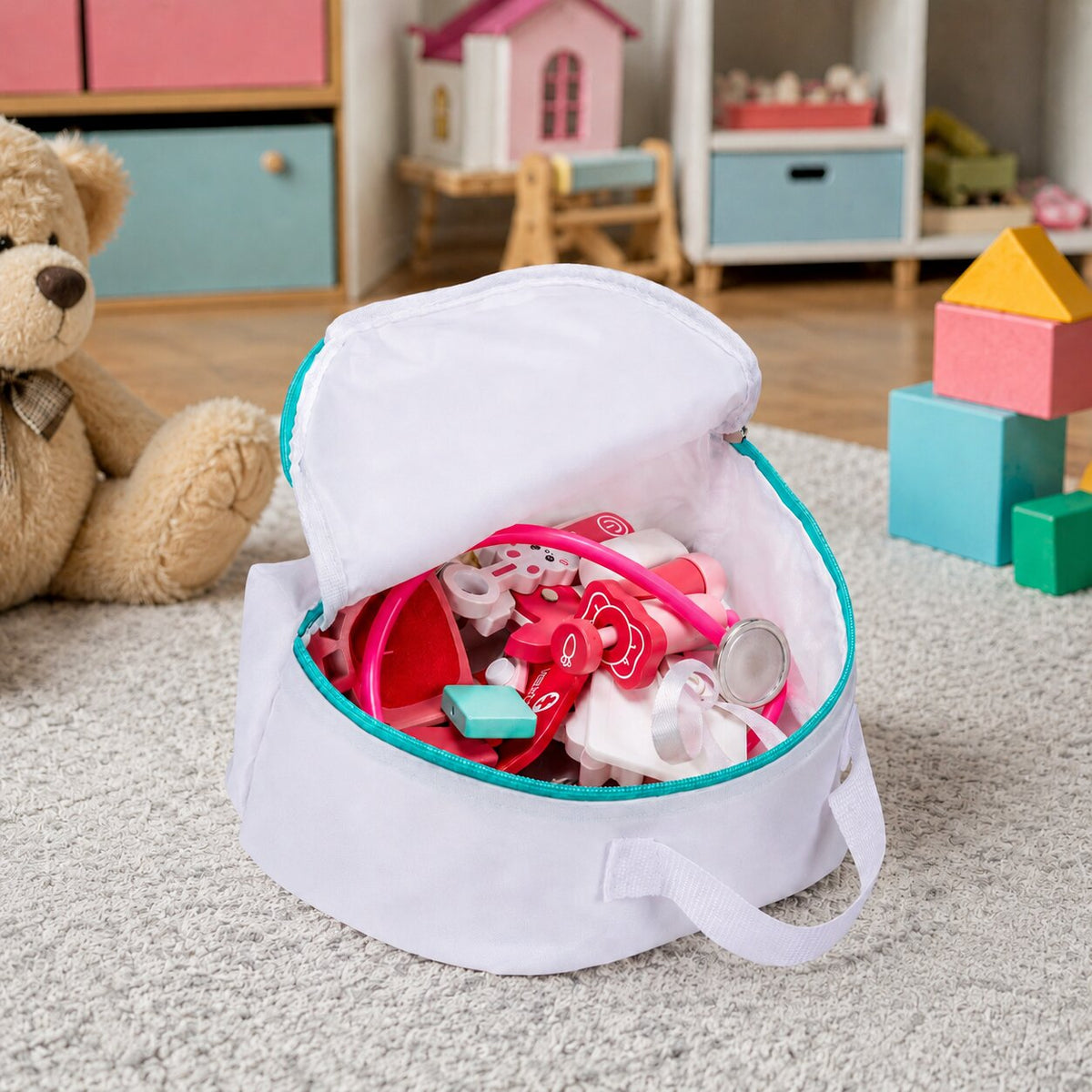 Koka mazā ārsta komplekts bērniem – ārsta soma, 26 gab. | EcoToys