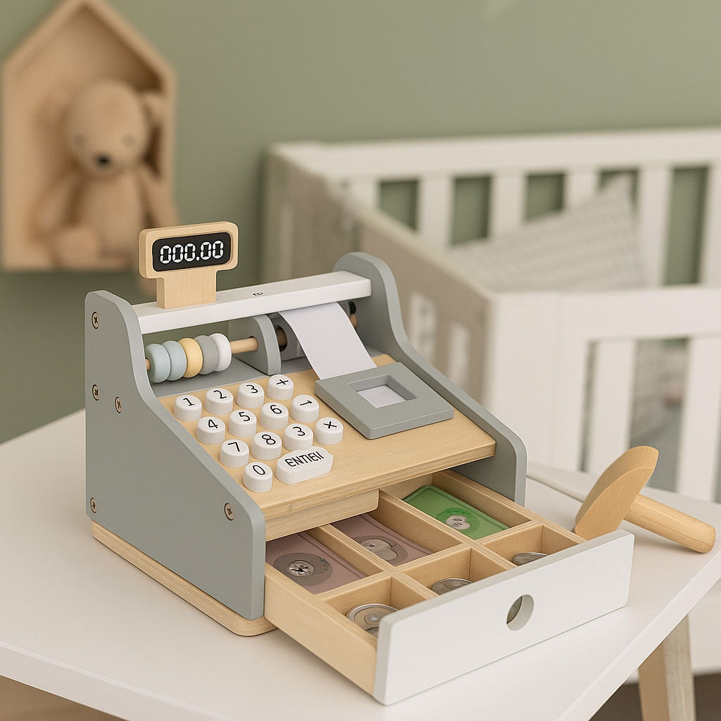 Koka bērnu kases aparāts ar skeneri, banknotēm, monētām un karti | EcoToys