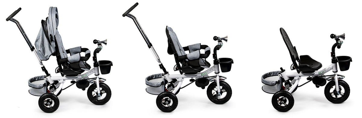 Trīsritenis ar 360° grozāmu sēdekli un jumtiņu Deluxe, pelēks | EcoToys