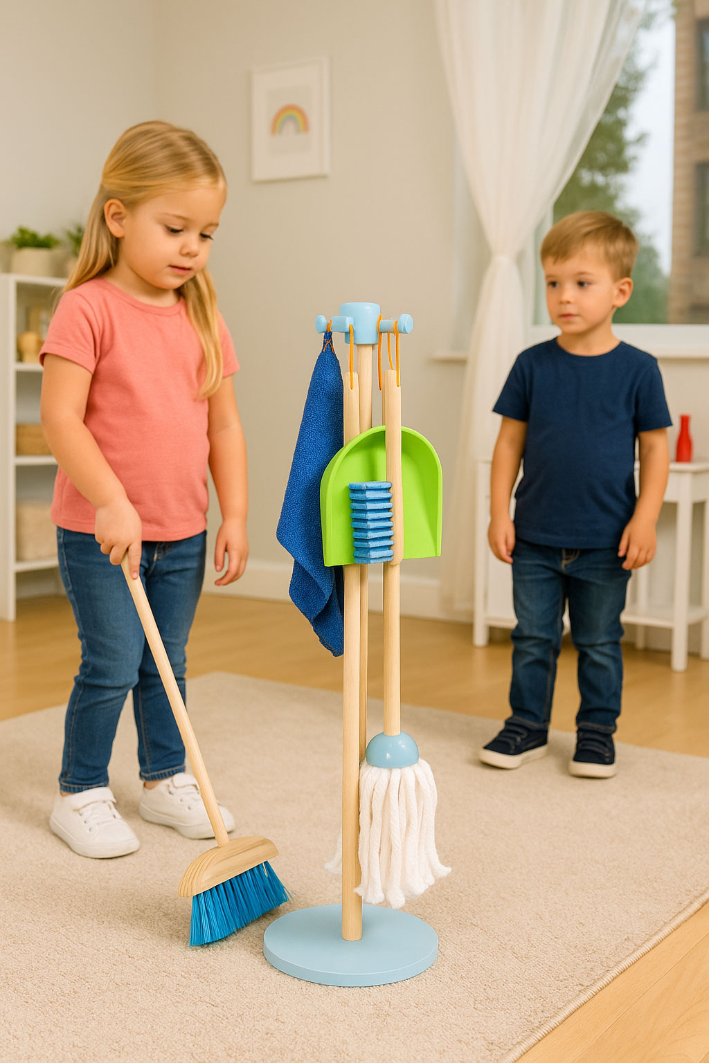 Koka bērnu tīrīšanas komplekts – mops, slota, liekšķere, 7 gab. | EcoToys
