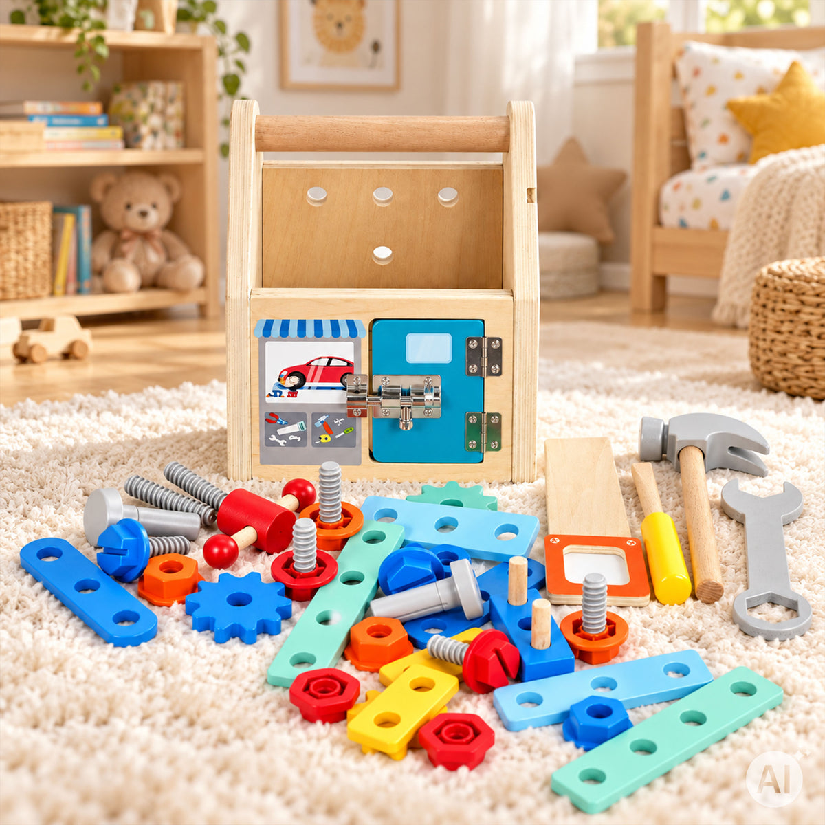 Koka instrumentu mājiņa DIY ar āmuru un skrūvēm, 32 gab. | EcoToys
