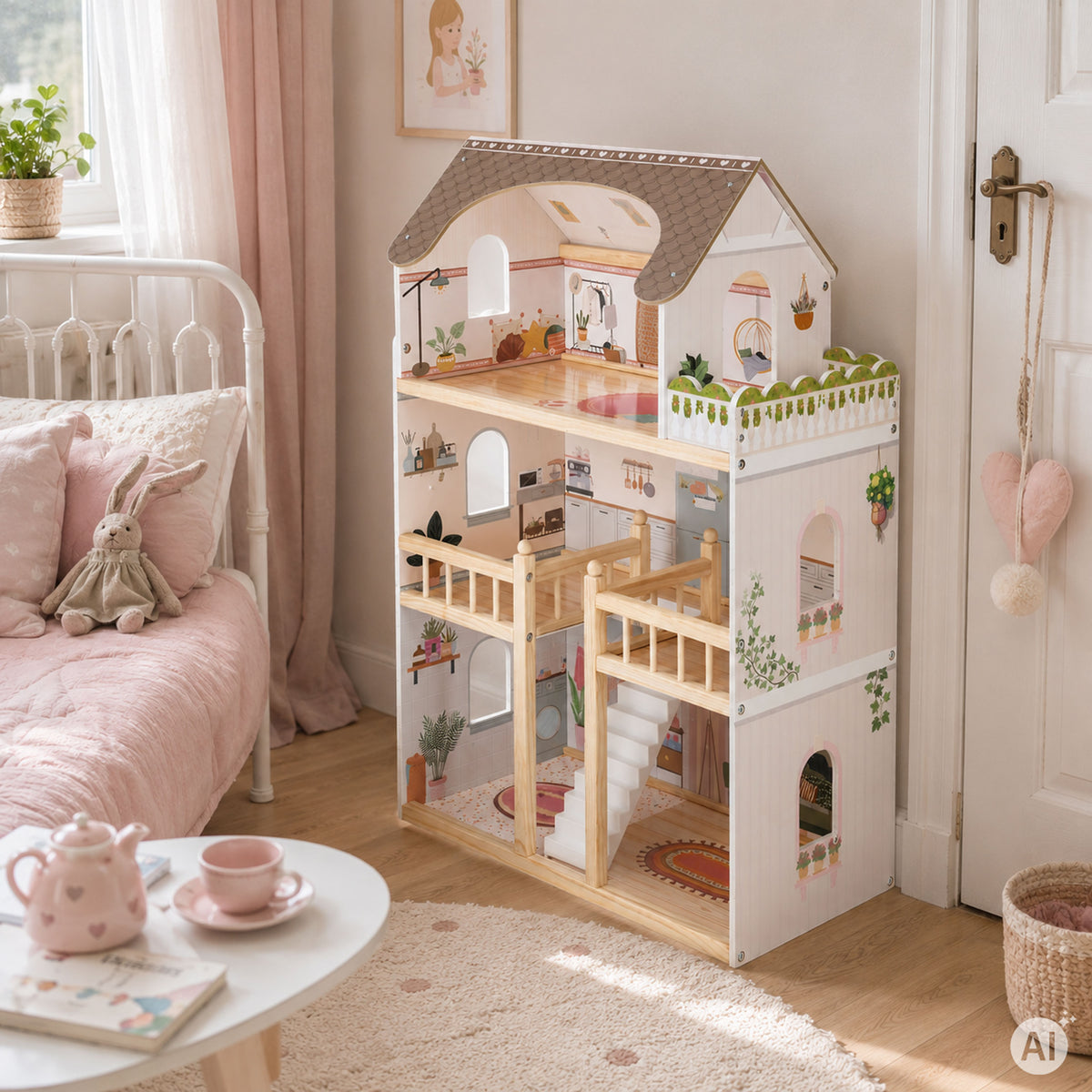 Koka leļļu māja “Laura”, 3 stāvi, 5 istabas, 15 mēbeles | EcoToys