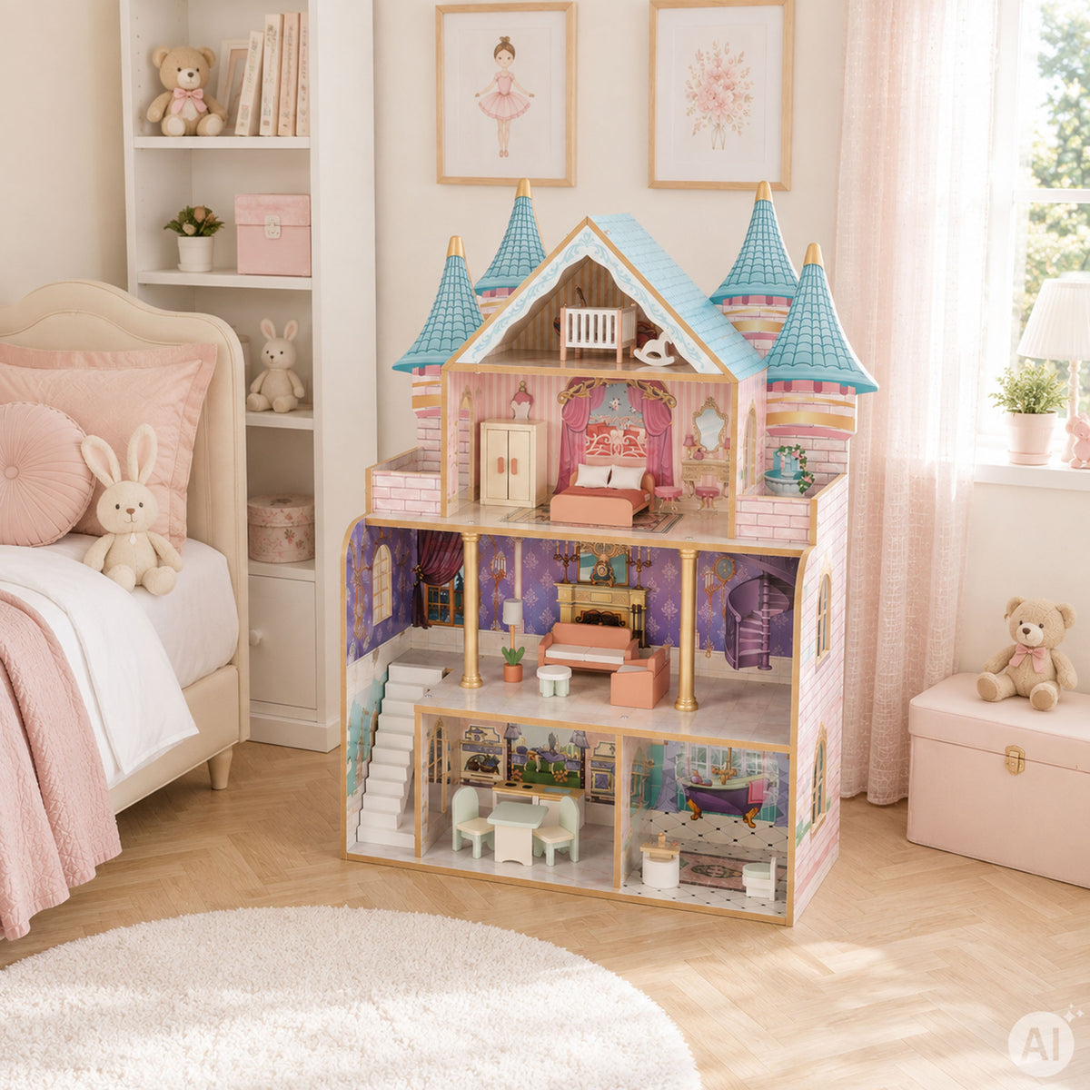 Koka leļļu māja “Bella Castle”, 4 stāvi, 5 istabas, 15 mēbeles | EcoToys
