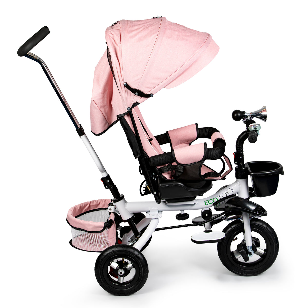 Trīsritenis ar 360° grozāmu sēdekli un jumtiņu Deluxe, rozā | EcoToys