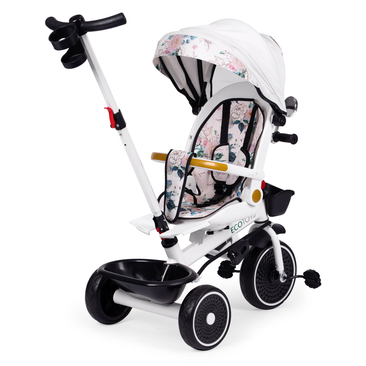 Trīsritenis – ratiņi ar grozāmu sēdekli, stumšanas rokturi un jumtiņu | EcoToys
