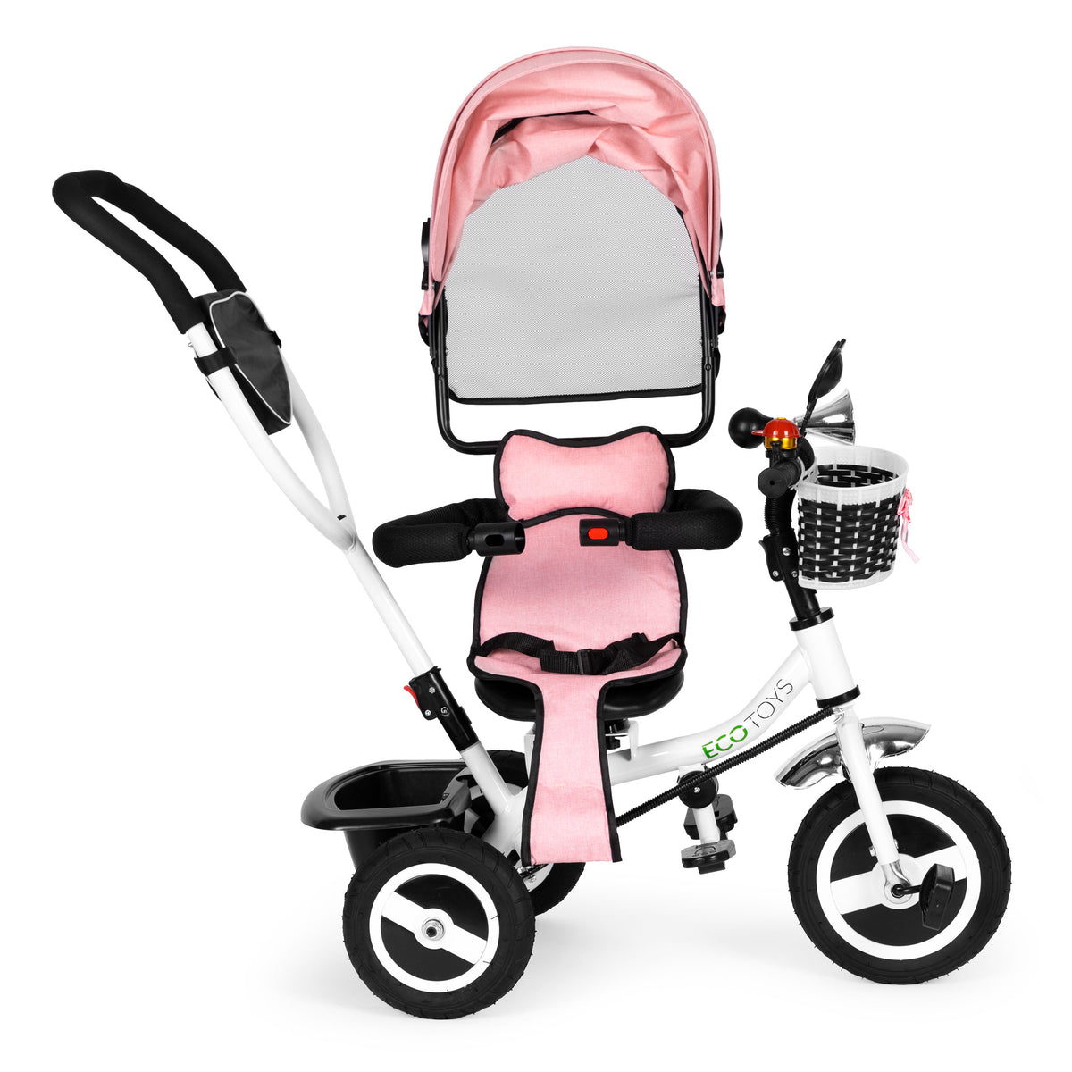 Trīsritenis ar jumtiņu un gumijas riteņiem, rozā | EcoToys