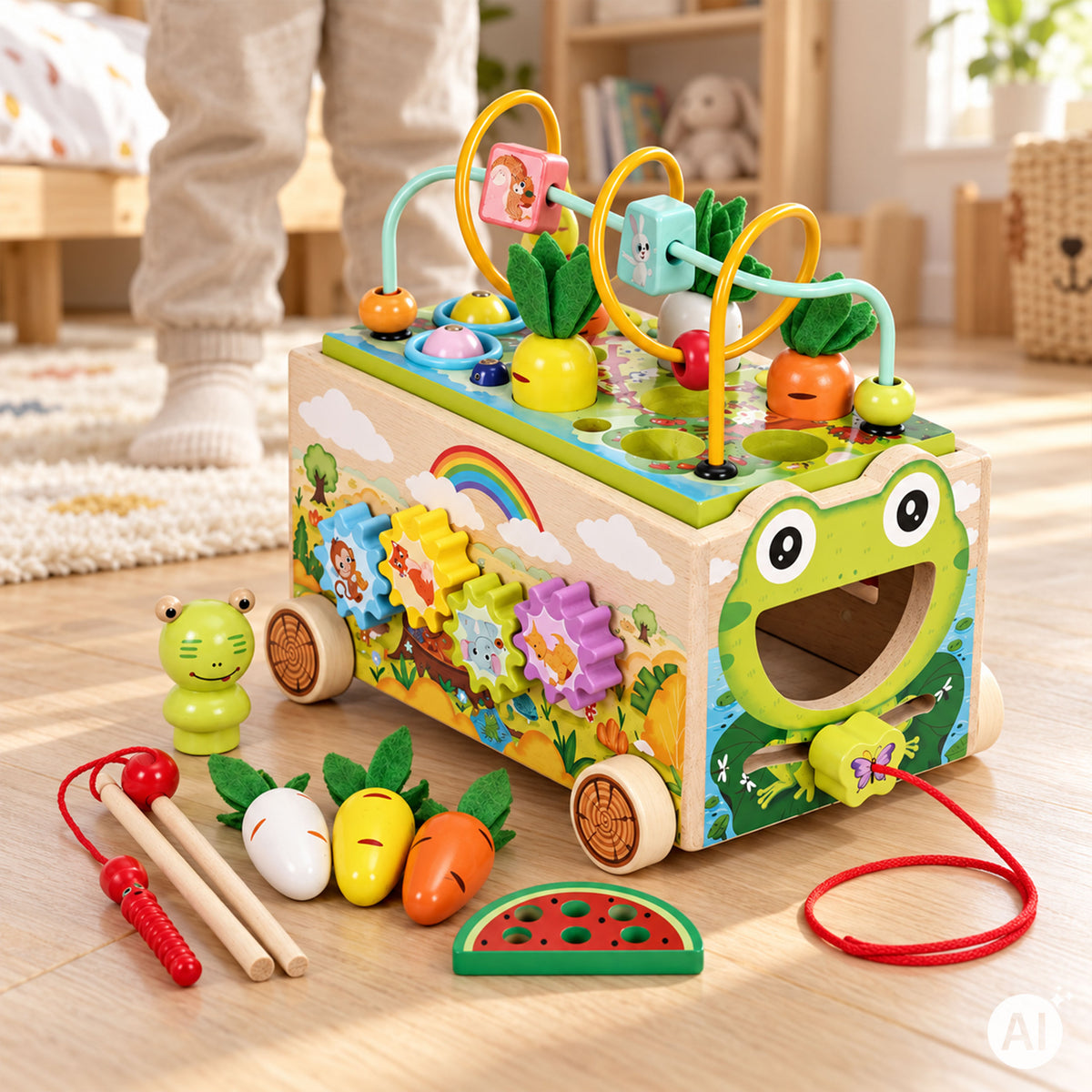 Koka aktivitāšu kubs 8in1 “Varde” – staigulis, šķirotājs, ksilofons, makšķerēšana | EcoToys