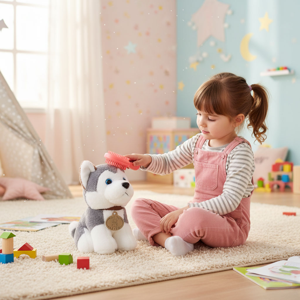 Plīša kucēns somā “Haskijs” + suku birste | EcoToys