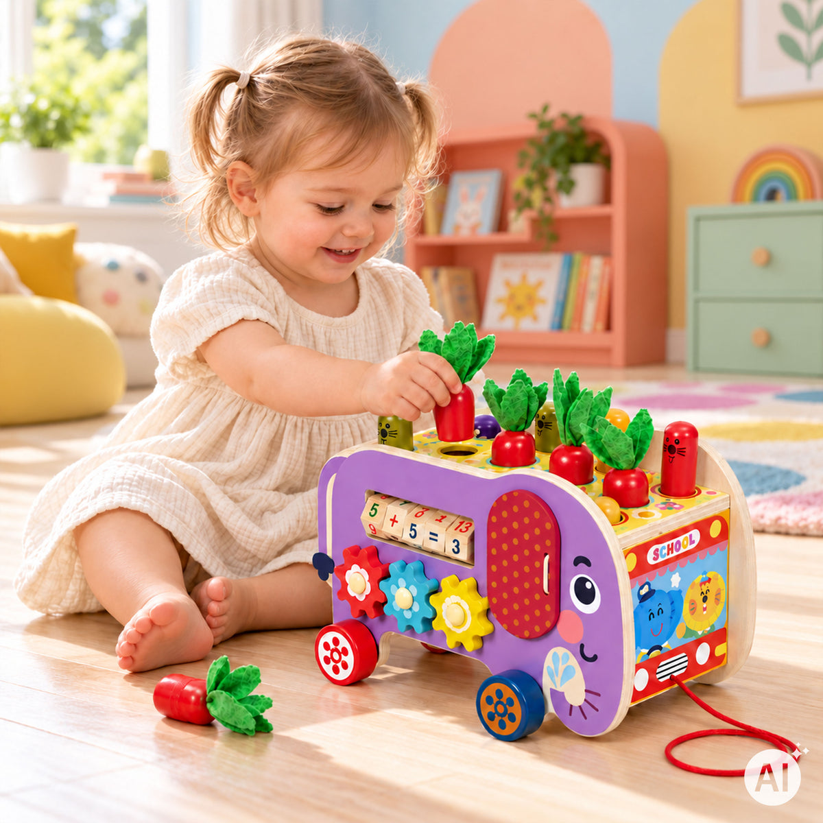 Koka aktivitāšu kubs 8in1 “Zilonis” – staigulis, šķirotājs, ksilofons, makšķerēšana | EcoToys
