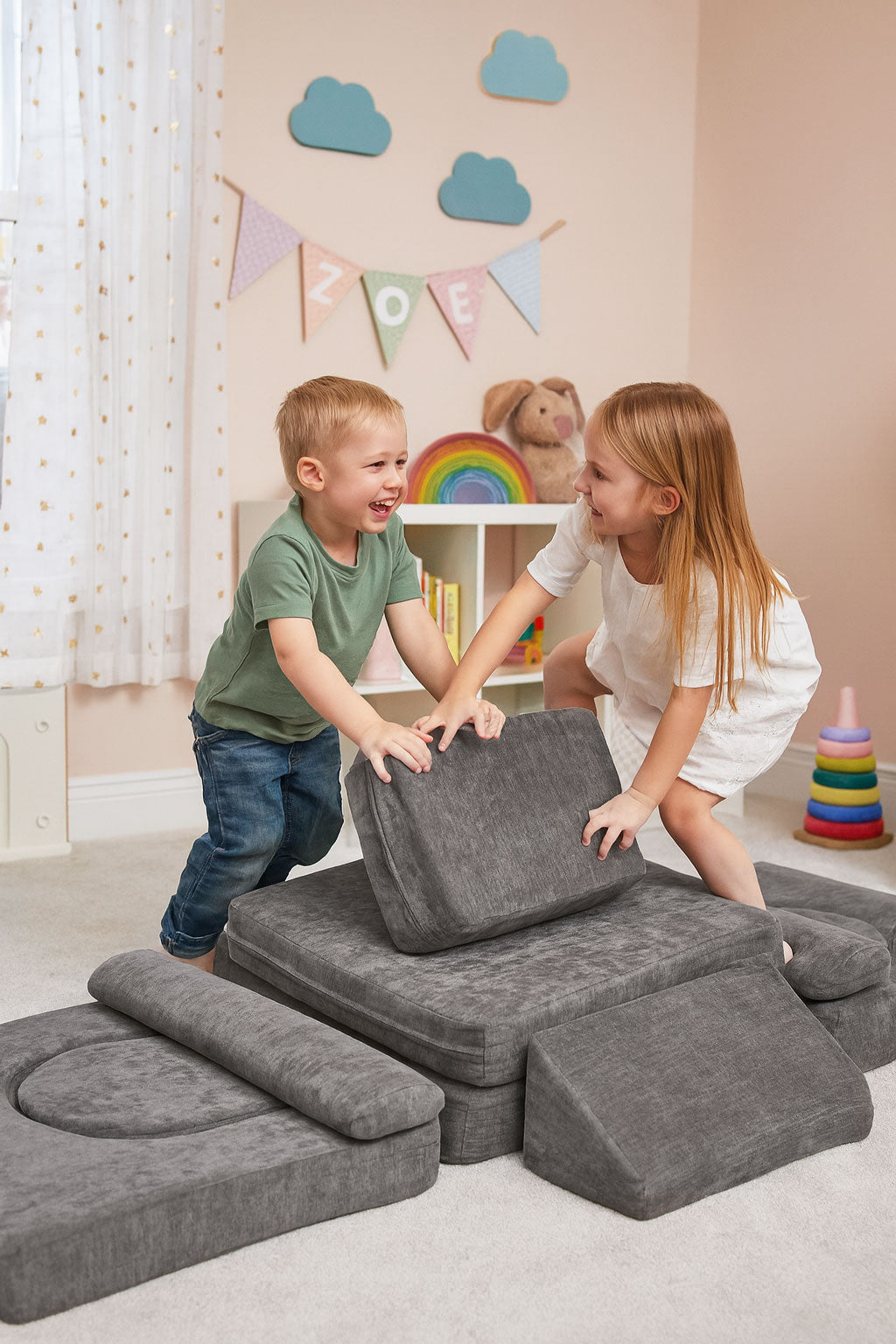 Liels saliekams modulārs divvietīgs bērnu dīvāns DIY, 10 mīksti spilveni, šenila, pelēks | EcoToys