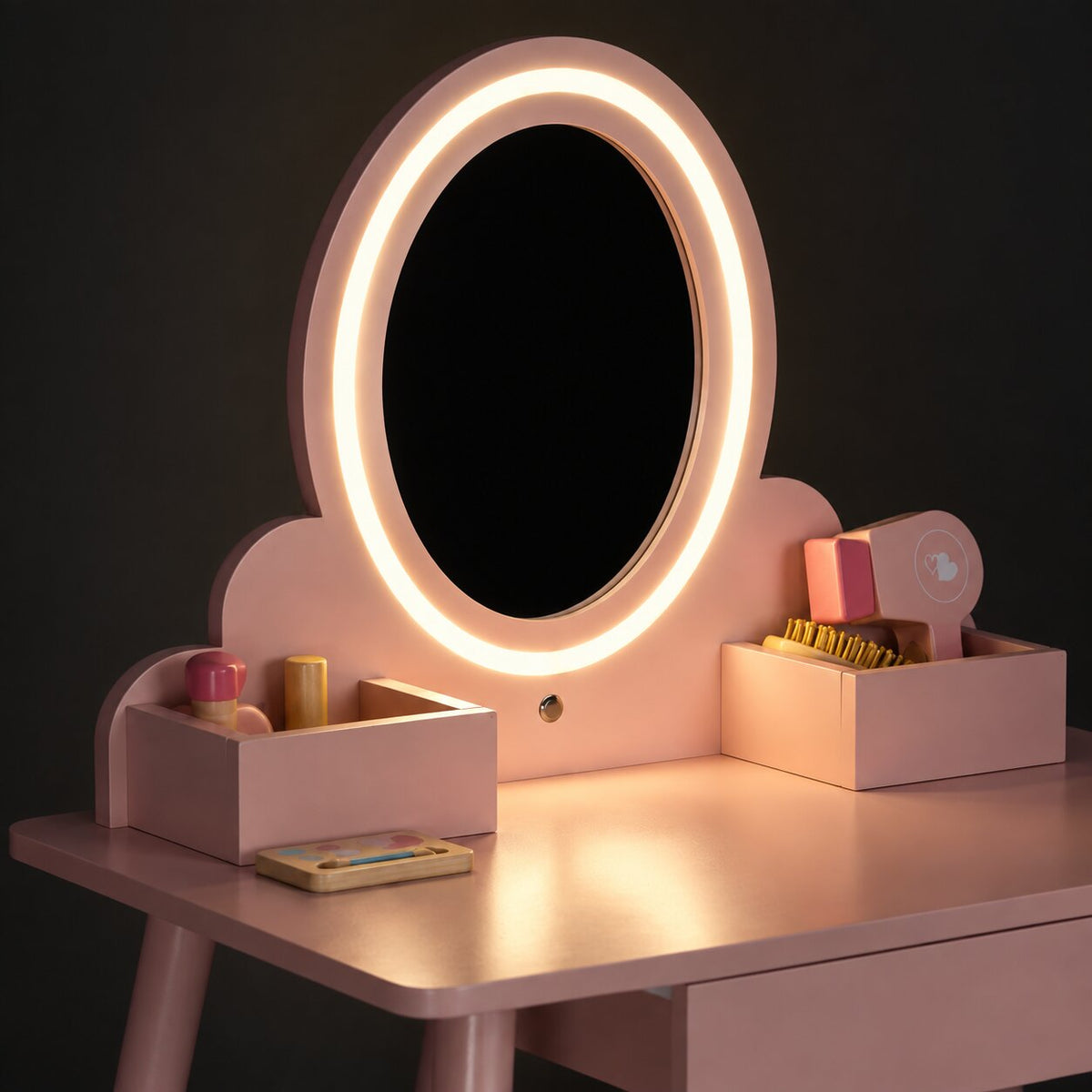 Koka bērnu tualetes galdiņš ar LED spoguli, atvilktni, krēsliņu un 6 piederumiem, rozā | EcoToys