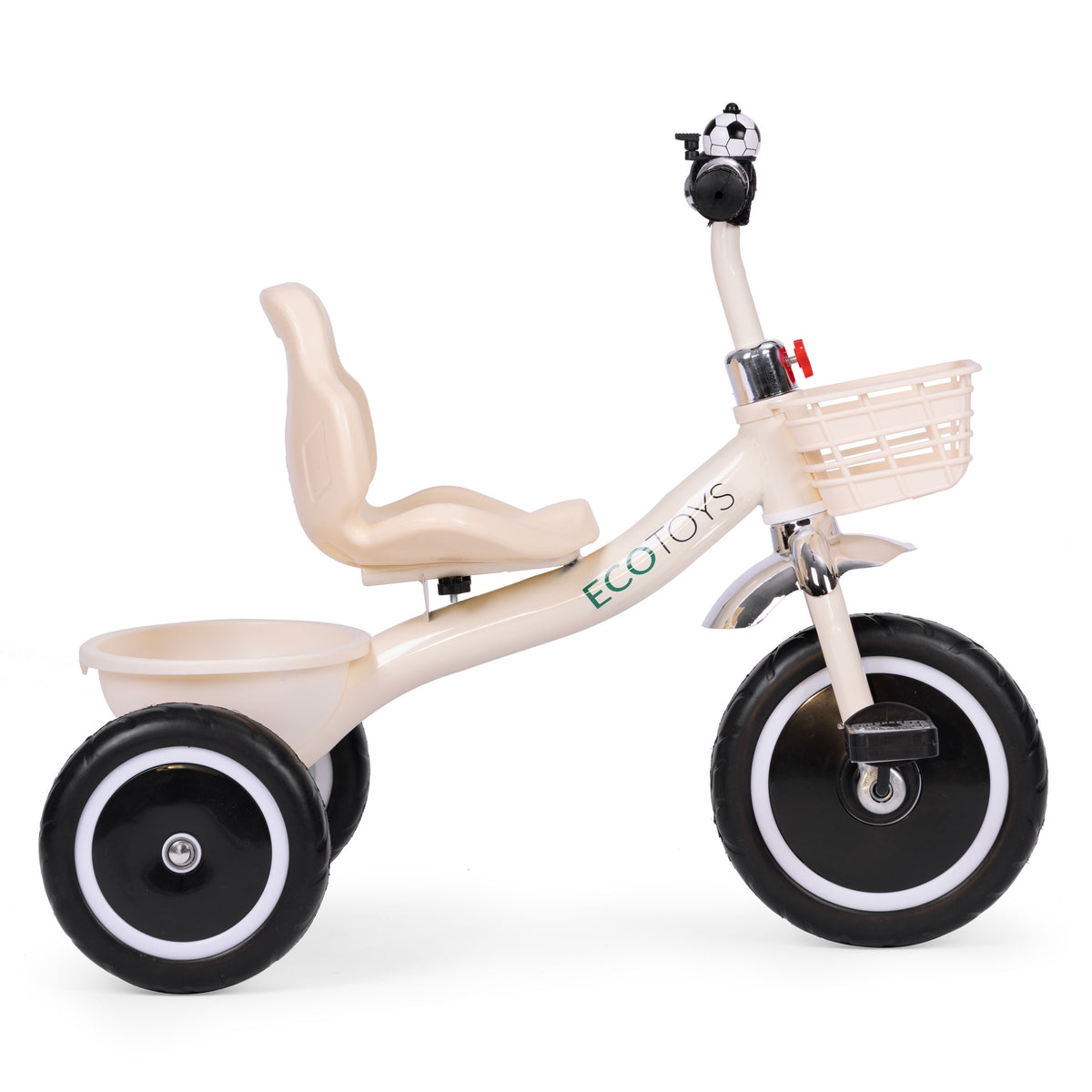 Trīsritenis ar neslīdošiem rokturiem, zvaniņu un groziņu, bēšs | EcoToys