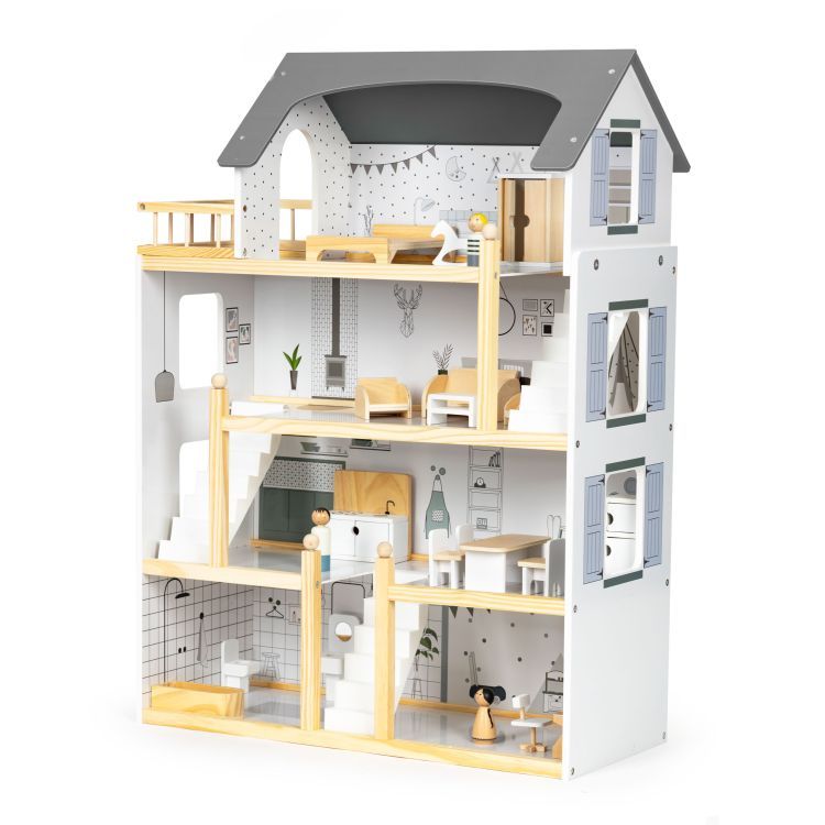Leļļu namiņš ar 18 koka mēbeļu komplektu ECO HOME