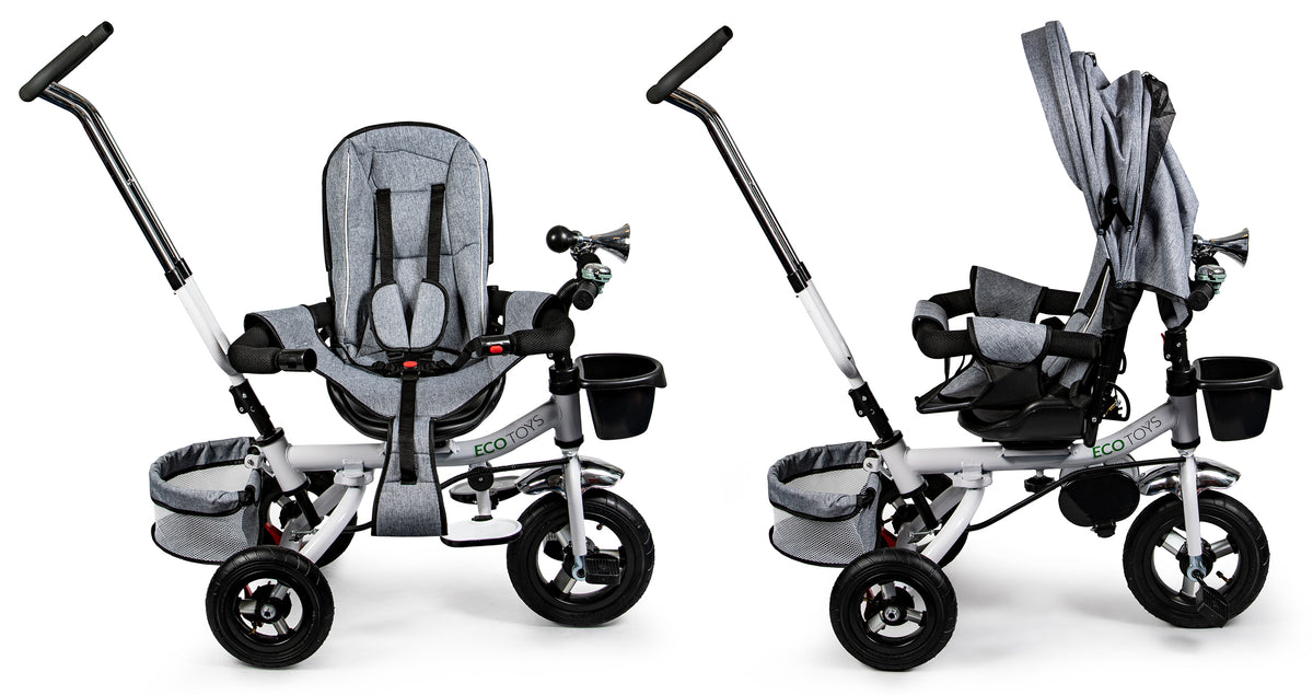 Trīsritenis ar 360° grozāmu sēdekli un jumtiņu Deluxe, pelēks | EcoToys
