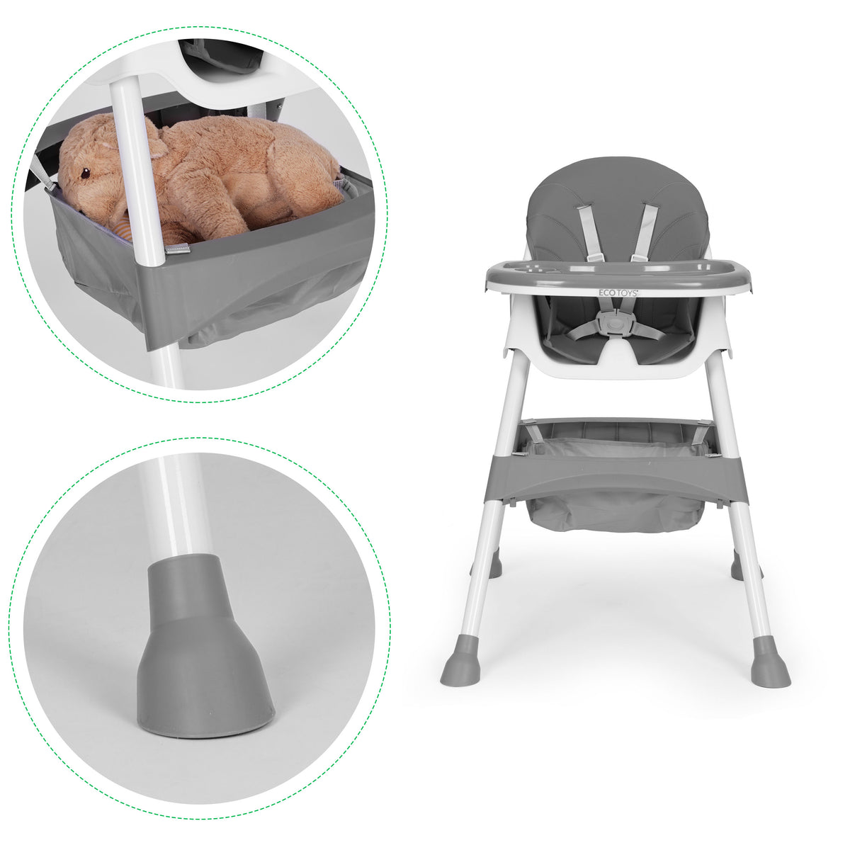 Barošanas krēsliņš ar paplāti, grozu un 5 punktu jostu, pelēks | EcoToys