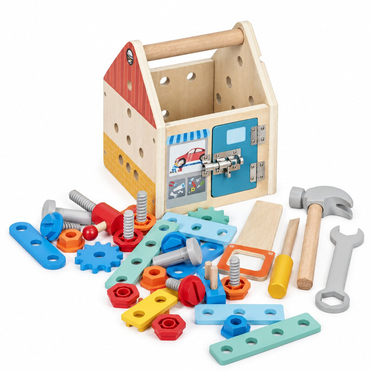 Koka instrumentu mājiņa DIY ar āmuru un skrūvēm, 32 gab. | EcoToys