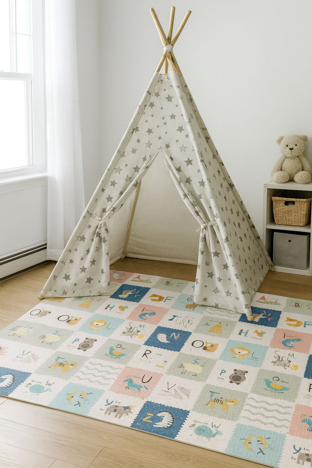 Izglītojošs divpusējs putu paklājs 200x180 cm ar auguma mērītāju un alfabētu | EcoToys