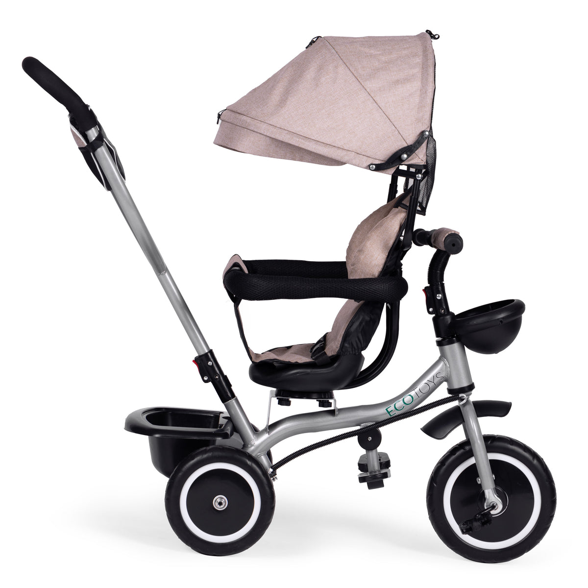 Trīsritenis – ratiņi 2in1 ar grozāmu sēdekli un saliekamu jumtiņu, bēšs | EcoToys
